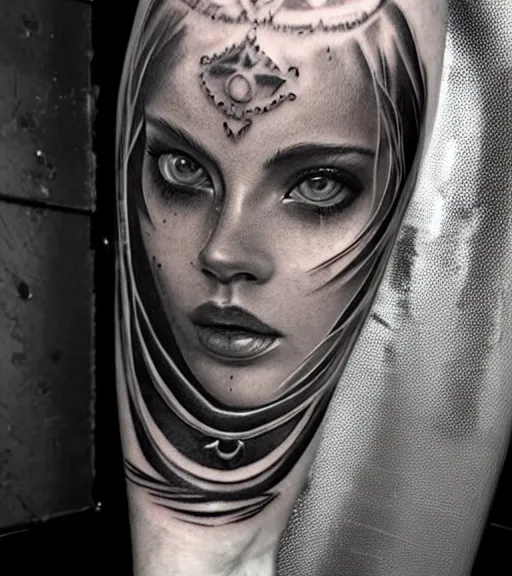 Image similar to tattoo design of a beautiful girl warrior below a tiger head, hyper realistic, realism tattoo, by eliot kohek, beautiful eyes, realistic face, black and white, white background