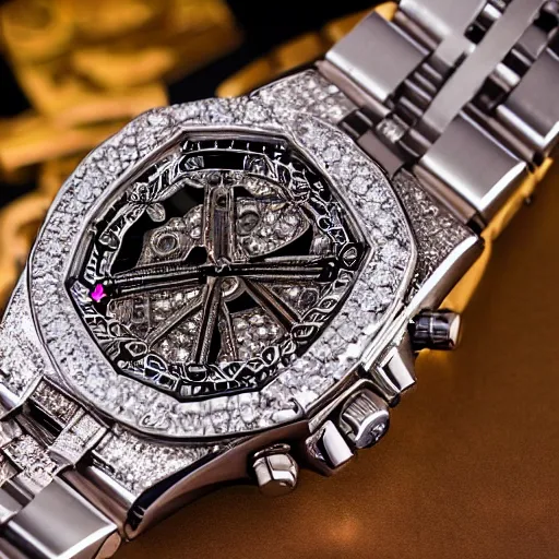 Image similar to vvs diamond watch, intricate design, rolex, cogs and gears, steampunk watch, bejeweled beautiful watch, richard mille, breitling watch, promotional photo, 8 k photography