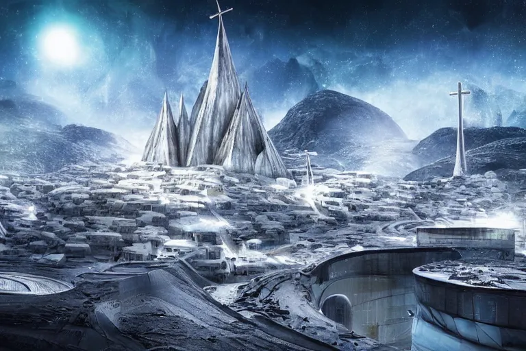 Image similar to favela twisting spaceship cathedral, snowy arctic environment, industrial factory, cliffs, peaks, bright, milky way, award winning art, epic dreamlike fantasy landscape, ultra realistic,