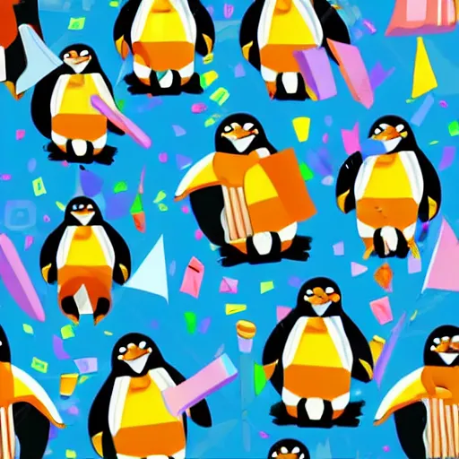 Prompt: A pack of penguins dancing in a rave party, illustration, artsation, smooth, official