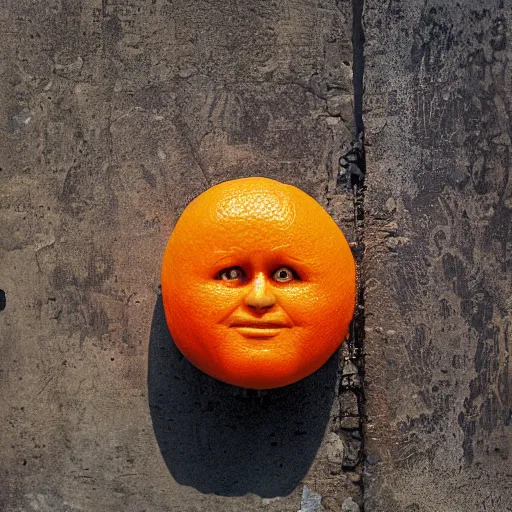 Image similar to closeup portrait of a Orange with a fac e , new york back street , by Steve McCurry and David Lazar, natural light, detailed face, CANON Eos C300, ƒ1.8, 35mm, 8K, medium-format print