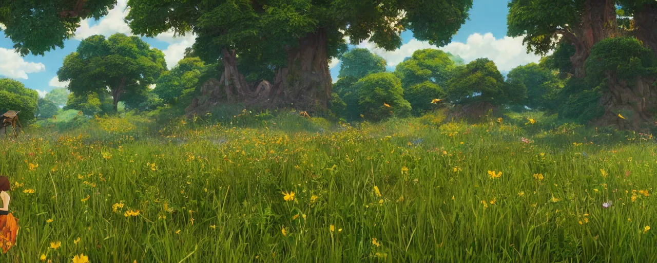 Image similar to a beautiful meadow landscape with large detailed bees flying, flowers, happy trees, photorealistic, octane render, rtx, hdr, unreal engine, digital art widescreen 8 k in the style of studio ghibli and bob ross