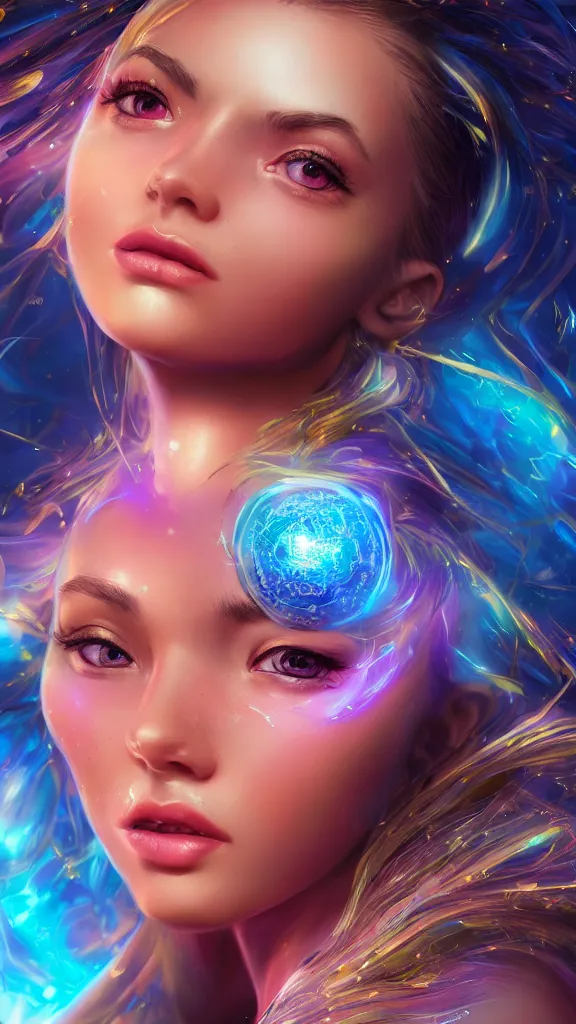 Image similar to highly detailed close up portrait of a celestial girl with a body made of cosmic energy, character art, studio lightning, bright colors, intricate, masterpiece, photorealistic, hiperrealistic, sharp focus, high contrast, Artstation HQ, DeviantArt trending, 4k UHD, Unreal Engine 5