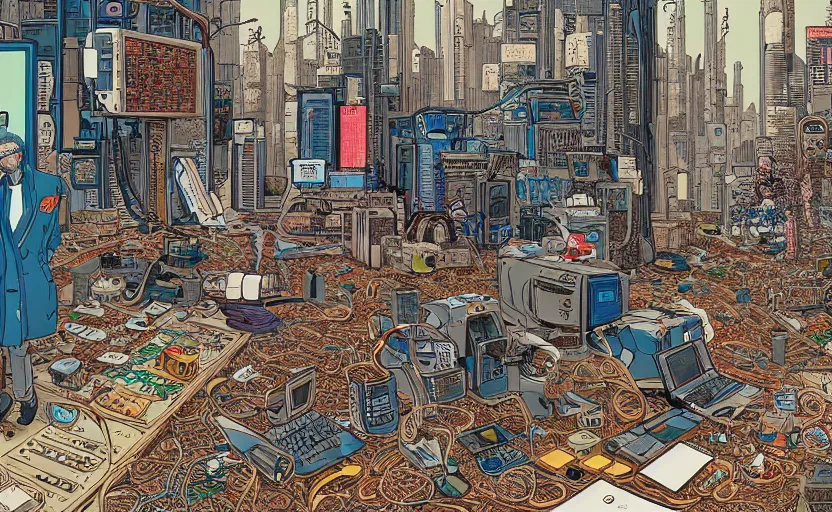 Image similar to hyper-detailed, intricate, illustration of a computer lab scientist discovering AI sentience, cyberpunk, in the style of Geof Darrow