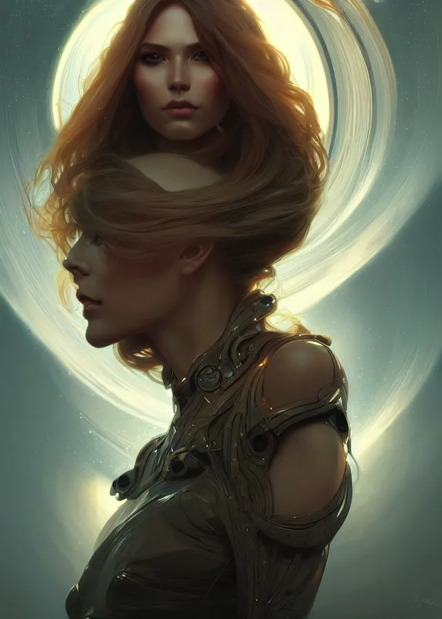 Image similar to futuristic woman portrait, sci-fi, amber eyes, face, long hair, fantasy, intricate, elegant, highly detailed, digital painting, artstation, concept art, smooth, sharp focus, illustration, art by artgerm and greg rutkowski and alphonse mucha