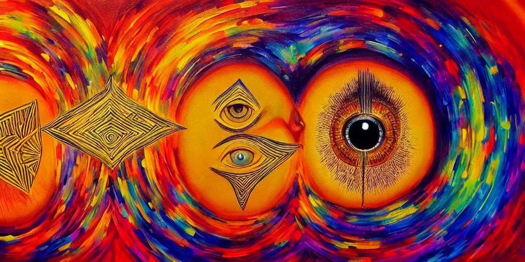 Prompt: people being overcome by love, golden hour, all seeing eye, protection, forcefield, aura, dripping colors, vibration of love, detailed painting by painting by pablo amaringo