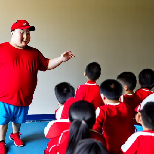 Image similar to fat kazakh guy in a red baseball cap teaching kids in school