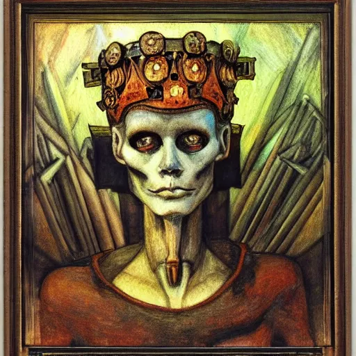 Image similar to grieving android wearing the bone crown, by Annie Swynnerton and Diego Rivera , symbolist, dramatic lighting, elaborate geometric ornament, Art Brut, soft cool colors,smooth, sharp focus, extremely detailed, Adolf Wölfli and (Donato Giancola)