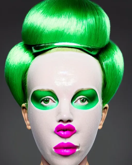 Image similar to symmetrical close - up portrait of a woman wearing a emerald green silicone beauty mask and pink hair buns, wearing a black bodysuit by alexander mcqueen, cream white background, biotechnology, bjork aesthetic, translucent, by rineke dijkstra, masterpiece,