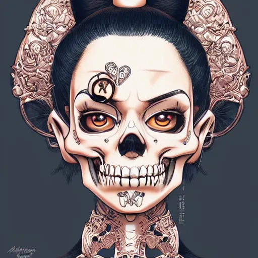 Prompt: anime manga skull profile young woman skeleton, minnie mouse, marge simpson, unreal engine, intricate, elegant, highly detailed, digital art, art by JC Leyendecker and sachin teng