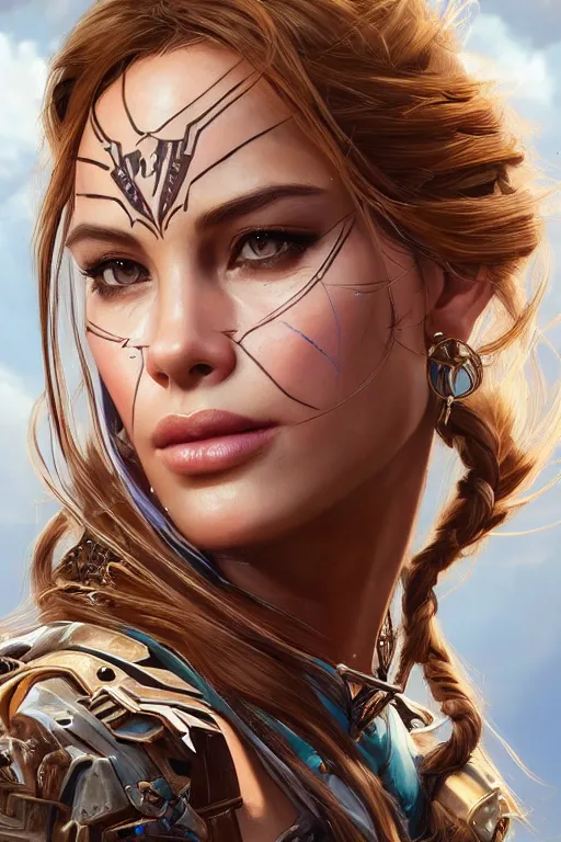 Image similar to symmetry!! portrait of sofia vergara in the style of horizon zero dawn, machine face, intricate, elegant, highly detailed, digital painting, artstation, concept art, smooth, sharp focus, illustration, art by artgerm and greg rutkowski and alphonse mucha, 8 k