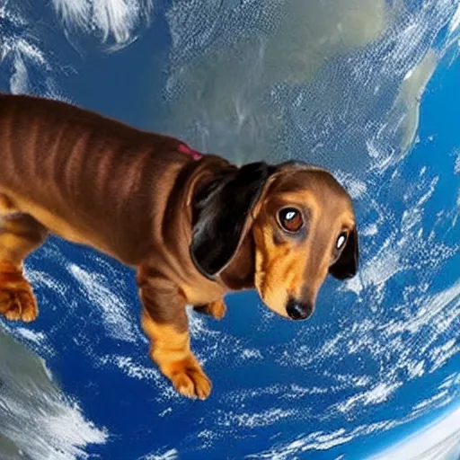 Prompt: Colossal alien Dachshund is orbiting the earth, serene view