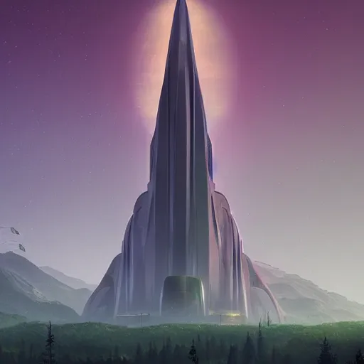 Image similar to tall futuristic temple towering above big green trees, stars in the sky, dramatic lighting, artstation, matte painting, raphael lacoste, simon stalenhag, frank lloyd wright