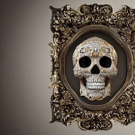 Image similar to a portrait of a beautiful ornate and intricate rococo skull with silver and gold details and diamonds inside a rococo frame, 4k, octane render, vray, unreal engine, photorealistic