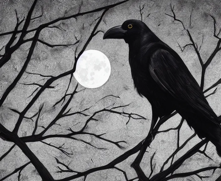 Prompt: a hyper-detailed close-up portrait of a crow on a tree in front of the full big moon; an extraordinary masterpiece; flawless; proud posture; photorealistic eyes; trending on artstation; f/1.4; 90mm