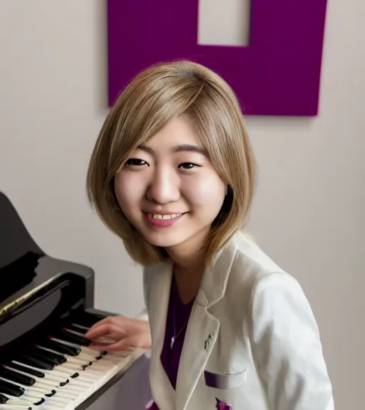 Image similar to a professional portrait photograph of kaede akamatsu, an eighteen year old japanese woman with blonde shoulder length hair, a cowlick, musical note hairpins, a pink blazer, a white backpack, purple contact lenses, and a kind smile, beautiful features, pianist, at her piano