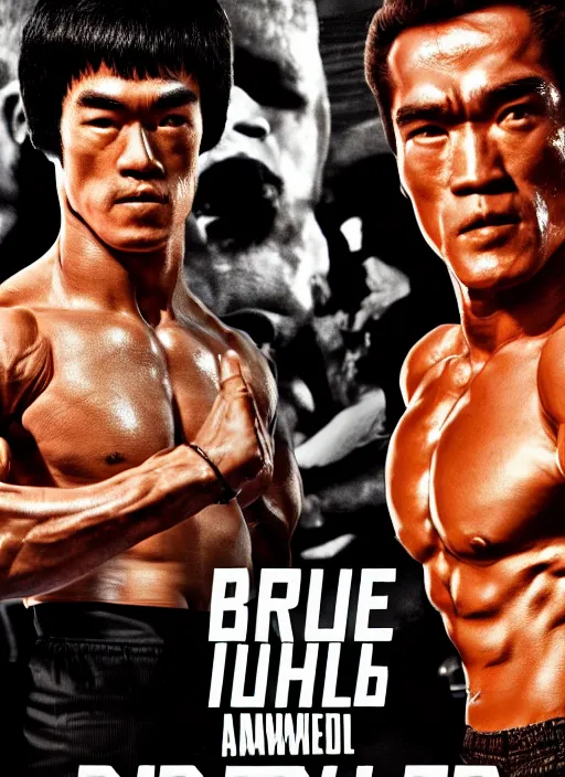 Image similar to Film poster Arnold Schwarzenegger VS Bruce lee , faces look at each other, detailed and realistic, 4k, filmic render