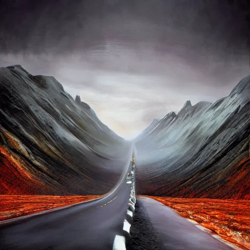 Image similar to the road to mordor, artstation hall of fame gallery, editors choice, #1 digital painting of all time, most beautiful image ever created, emotionally evocative, greatest art ever made, lifetime achievement magnum opus masterpiece, the most amazing breathtaking image with the deepest message ever painted, a thing of beauty beyond imagination or words