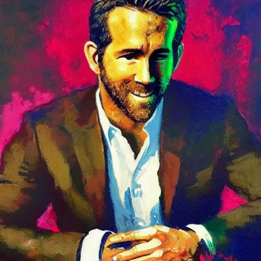 Image similar to ryan reynolds by leroy neiman, intricate, ultra detailed painting, atmospheric lighting, golden hour