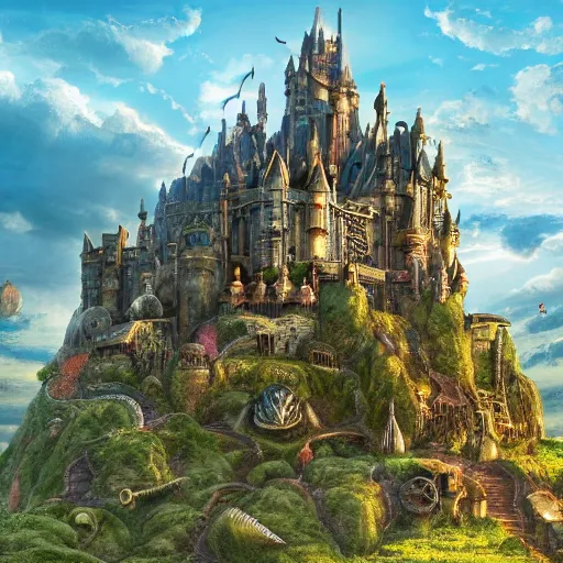 Image similar to large fantasy castle covering the top of the giant tortoise moving across harsh wasteland with sharp rays of sunlight, mortal engines howls moving castle, distant - mid - shot, fantasy, hyper detailed, 4 k