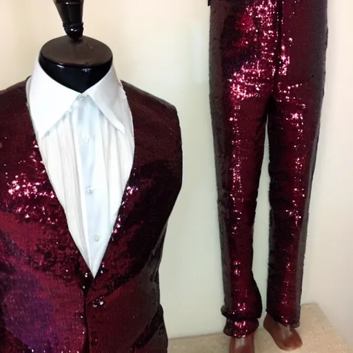 Prompt: a wine red colored sequin suit for men, mannequin photo