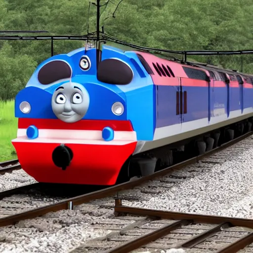 Prompt: thomas the tank engine collides with a bullet train, train accident