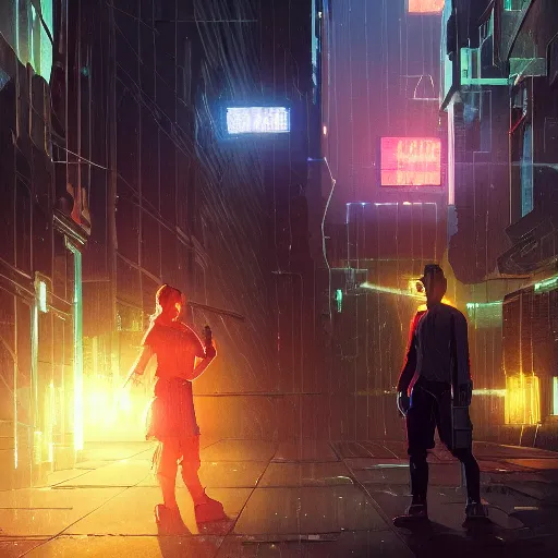 Prompt: two people arguing, detailed digital illustration by greg rutkowski, cyberpunk back alley, nighttime, colorful lighting, android netrunner