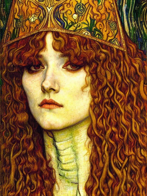 Image similar to detailed realistic beautiful young medieval queen face portrait by jean delville, gustav klimt and vincent van gogh, art nouveau, symbolist, visionary, gothic, pre - raphaelite, muted earthy colors, desaturated