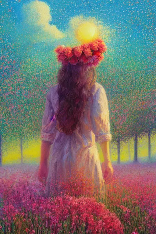 Image similar to girl with big flower as a face, standing in a flower field, big trees, sunrise dramatic light, impressionist painting, colorful clouds, digital painting, pointillism, artstation, simon stalenhag