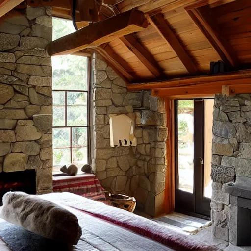 Image similar to interior of cozy stone cottage with english and japanese style, forest theme