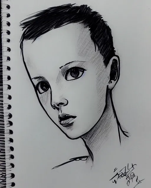 Image similar to pen sketch of worried millie bobby brown with short hair by yoji shinkawa