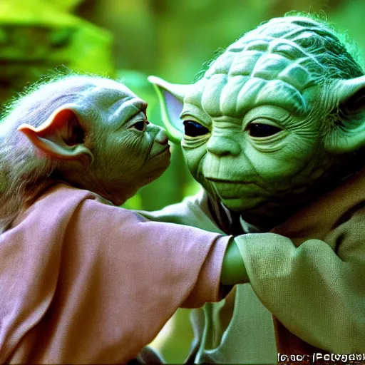 Image similar to a civilization of members of Yoda's species interacting with eachother on their home planet, award winning nature photo