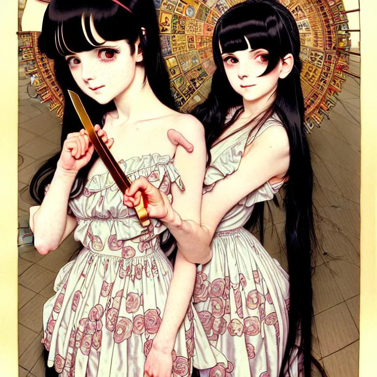 Image similar to portrait of a morbid 18 year old youth wearing a pretty little dress with straight silky black hair, in a butcher shop, holding a butcher knife. insanely and epically detailed high-quality small details, beautiful golden ratio, exquisitely detailed soft shadowing, epic pencil illustration, by Range Murata and by Alphonse Mucha and by Katsuhiro Otomo.