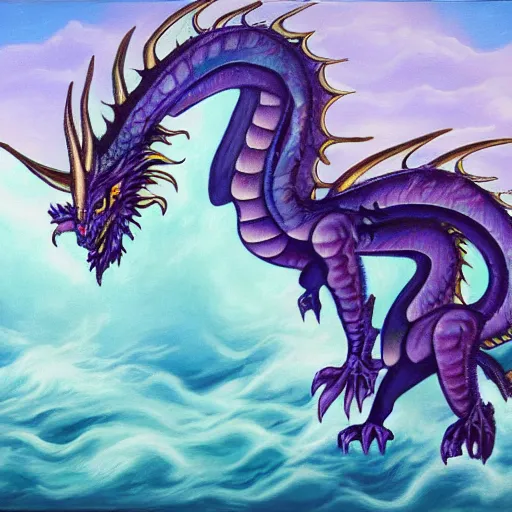 Prompt: Dragon with a body made of water, oil painting, purple sky