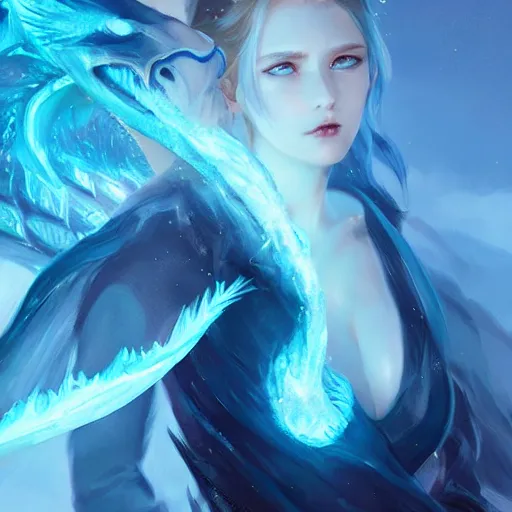 Prompt: An ice dragon breathing blue flames, digital art, artstation, WLOP, CGSociety