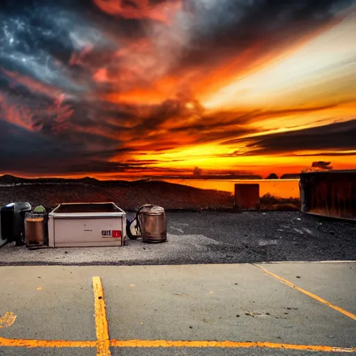 Image similar to a beautiful sunset over a flaming dumpster, landscape photography, award - winning, amazing details,