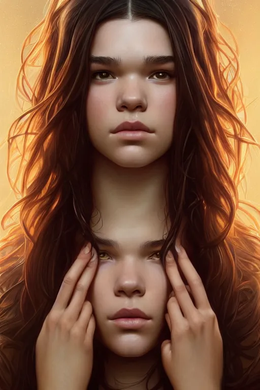 Prompt: symmetry!! portrait of hailee steinfeld, machine parts embedded into face, intricate, elegant, highly detailed, digital painting, artstation, concept art, smooth, sharp focus, illustration, art by artgerm and greg rutkowski and alphonse mucha, 8 k