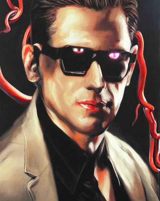 Prompt: Albert Wesker full body portrait, action! pose!, oil painting, surrounded by black tentacles