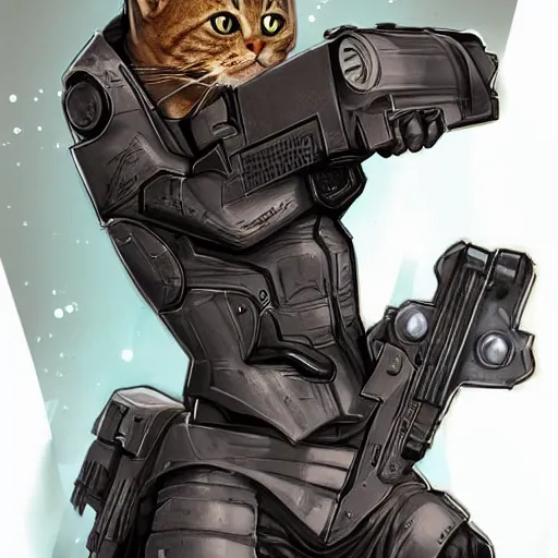 Image similar to portrait, headshot, digital painting, comics style, cyborg cat with gun, art, realistic, hyperdetailed, concept art