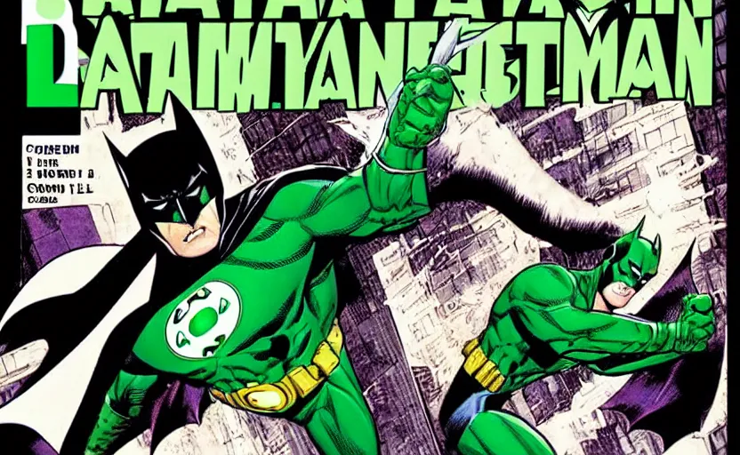 Image similar to a Batman comic cover from 1999 with Green Lantern on the background