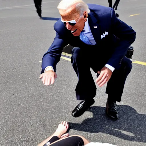 Image similar to joe biden falling off his wheelchair faceplanting on the ground, award winning photo