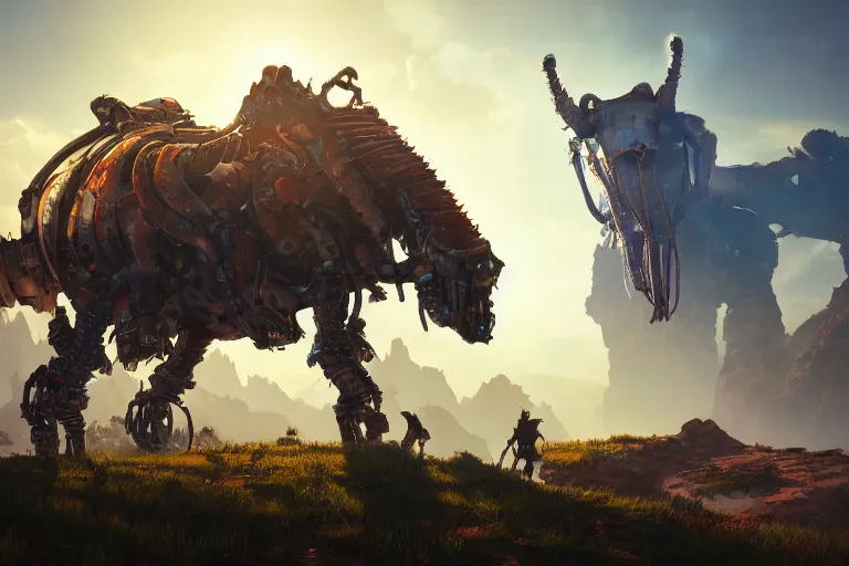 Image similar to grimhorn fanghorn machine mecanical creature robot of horizon forbidden west horizon zero dawn bioluminiscence global illumination ray tracing hdr fanart arstation by ian pesty and alena aenami artworks in 4 k