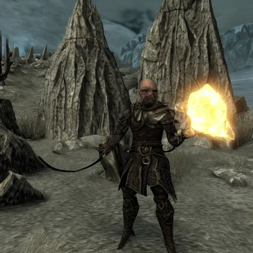 Image similar to walter white in sovngarde, skyrim, alduin, black dragon, adventuring gear, nord, viking