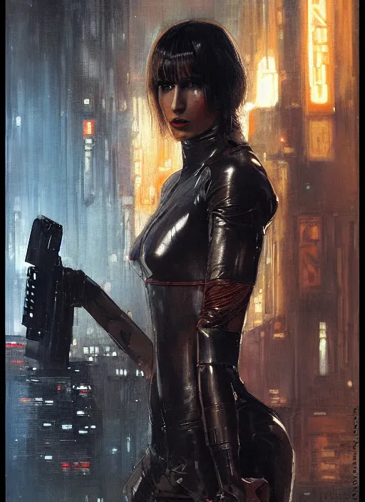 Image similar to blade runner with four robotic legs ( blade runner 2 0 4 9, dystopian, cyberpunk 2 0 7 7 character design ). orientalist portrait by john william waterhouse and james gurney and theodore ralli and nasreddine dinet, oil on canvas. cinematic, hyper realism, realistic proportions, dramatic lighting, high detail 4 k