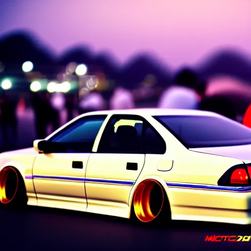 Image similar to a car JZX100 at illegal car meet, Chiba prefecture, city golden-hour mist lights, photorealistic, highly detailed, 85MM