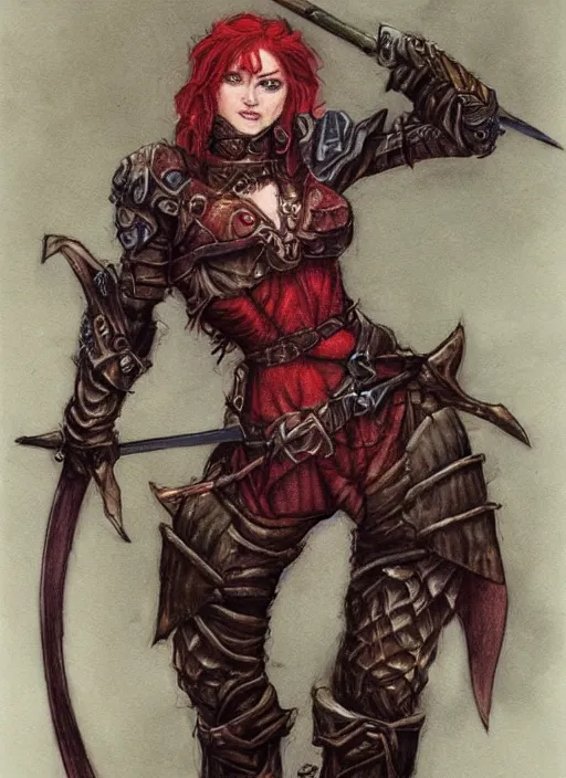 Image similar to portrait of strong female ranger, beautiful! coherent! dungeons and dragons character, by brian froud, strong line, deep color, leather armor, short red hair, high contrast