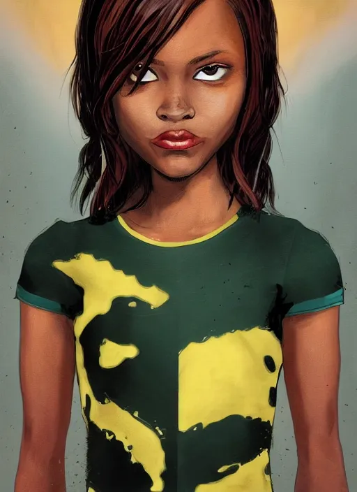 Image similar to An sci-fi comic book style portrait painting of a short, dark-skinned, slender girl wearing a gold and green shirt with short auburn hair that comes almost to her shoulders with brown eyes that look almost black with flecks of gold in them. The girl has a medium-sized scar on the upper right side of her head, unreal 5, DAZ, hyperrealistic, octane render, cosplay, RPG portrait, dynamic lighting