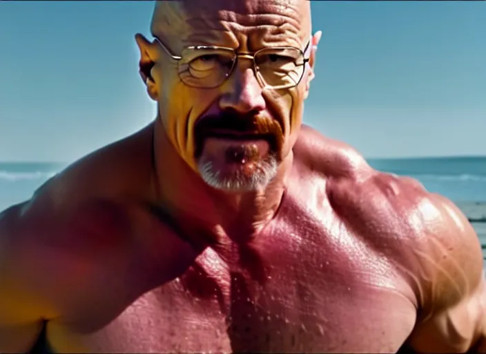 Prompt: film still of walter white as dwayne johnson in baywatch movie 2 0 1 7, 8 k