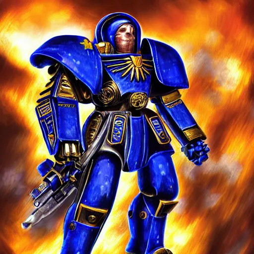 Prompt: An Ultramarine from Warhammer40k, digital art, highly detailed
