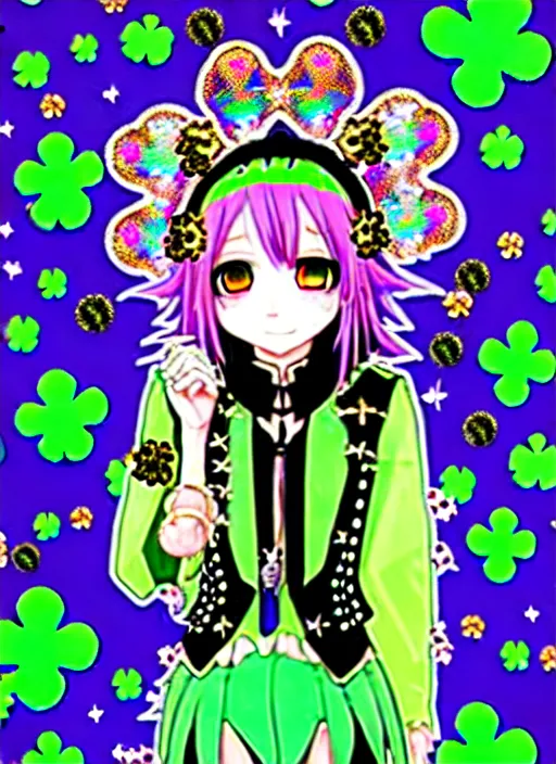 Prompt: baroque bedazzled gothic royalty frames surrounding a hologram of decora styled green haired yotsuba koiwai wearing a gothic spiked jacket, background full of lucky clovers, crosses, and shinning stars, holography, irridescent